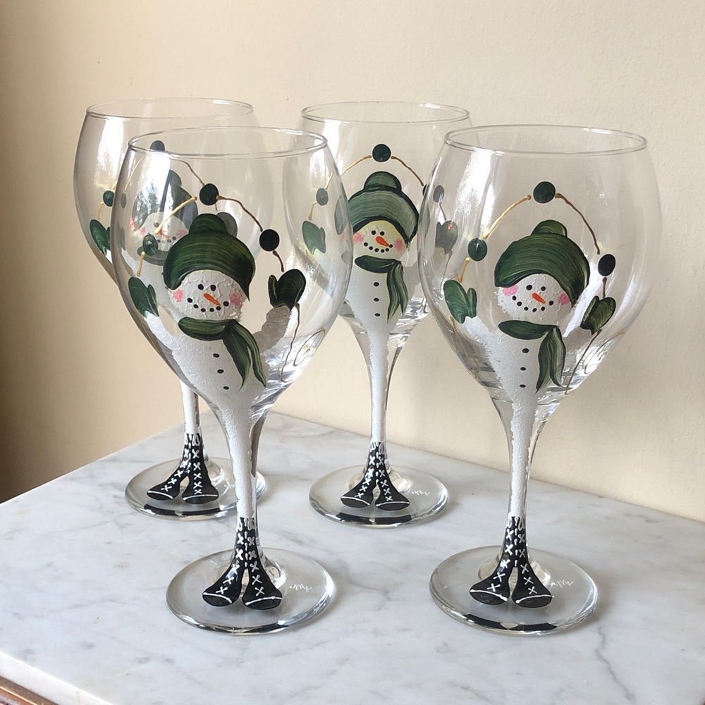 Hand-Painted Snowman Holiday Wine Glass - Green Accents set of 4